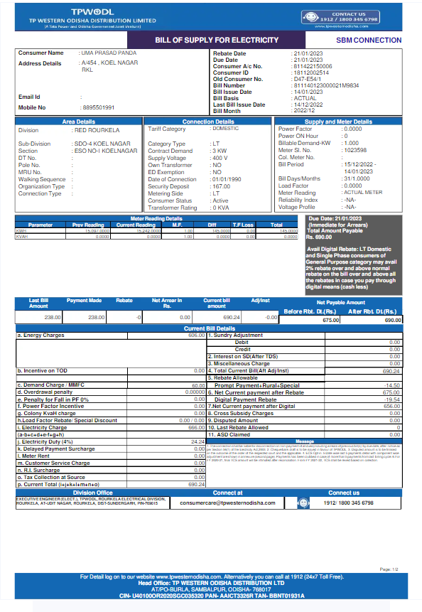 INDIA TPWODL utility bill Word and PDF template